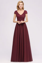 Elegant Chiffon Lace Sleeveless V-Neck Long Bridesmaid Dresses with Ruffles