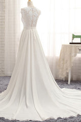 Elegant Chiffon Sleeveless Appliques Beach Wedding Dress | A-line Jewel White Bridal Gowns
