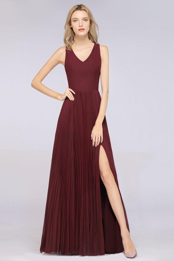 Elegant Chiffon Sleeveless V-Neck Bridesmaid Dress Long Ruffles Side Split Evening Gown Elegant Chiffon Sleeveless V-Neck Bridesmaid Dress Long Ruffles Side Split Evening Gown