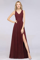 Elegant Chiffon Sleeveless V-Neck Bridesmaid Dress Long Ruffles Side Split Evening Gown