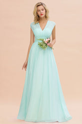 Elegant Chiffon Sleeveless V-Neck Long Elegant Bridesmaid Dress with Ruffles