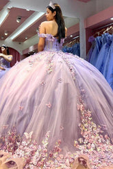 Elegant & Classic Ball Gown Off Shoulder Beaded Lace Butterfly Appliques Lavender Tulle Quinceanera Dress Princess Evening Party Gown For Sweet 16
