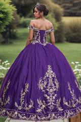 Elegant & Classic Ball Gown Off Shoulder Sleeveless Gold Flower Appliques Lace Up Dark Purple Tulle Quinceanera Dress Birthday Party Dress For Sweet 16