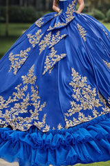 Elegant & Classic Ball Gown Sweetheart Neck Sleeveless Gold Appliques Tiered Royal Blue Tulle Quinceanera Dress Birthday Party Dress For Sweet 16