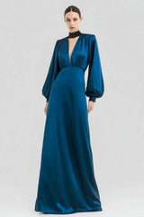 Suzhoufashion Elegant Dark Blue Satin Beaded Keyhole Long Prom Dress With Sleeves