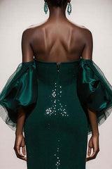Suzhoufashion Elegant Dark Green Mermaid Strapless Sequin Long Prom Dress With Sleeves