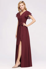 Elegant Elegant V-Neck Short Sleeve Bridesmaid Dresses with Bow Sash Long Chiffon