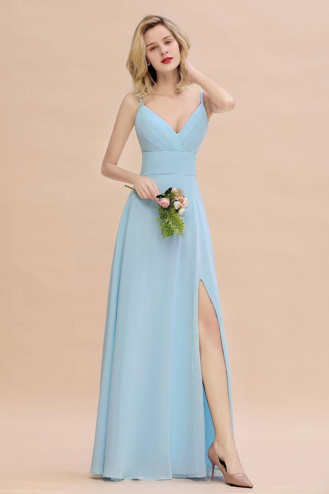 Elegant Front Split Bridesmaid Dress Garden Spaghetti Straps V-neck Long Dress