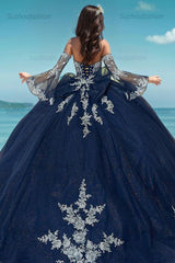 Elegant & Glitter Ball Gown Strapless Detachable Long Bell Sleeves Beaded Appliques Lace Up Bow Knot Navy Blue Tulle Quinceanera Dress Formal Evening Gown Party Dress