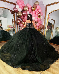 Elegant & Glitter Ball Gown Sweetheart Neck Lace Appliques Black Tulle Quinceanera Dress Evening Party Princess Gown For Sweet 16
