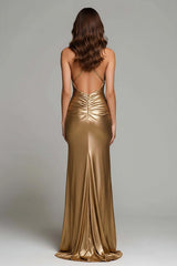 Suzhoufashion Elegant Gold Ruched V-Neck Mermaid Long Metallic Prom Dress