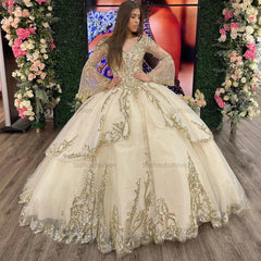Elegant & Gorgeous Ball Gown Sweetheart Long Sleeves Sequined Appliques Beaded Tiered Champagne Tulle Quinceanera Dress Princess Evening Party Gown For Sweet 16