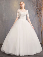 Elegant Half Sleeves Lace Tulle White Ball Gown Wedding Dresses