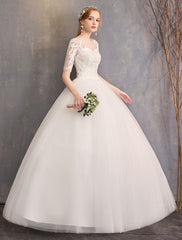 Elegant Half Sleeves Lace Tulle White Ball Gown Wedding Dresses