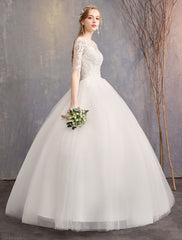 Elegant Half Sleeves Lace Tulle White Ball Gown Wedding Dresses