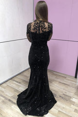 Elegant Half Sleeves Tulle Black Sequins Mermaid Prom Dresses