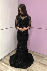 Elegant Half Sleeves Tulle Black Sequins Mermaid Prom Dresses