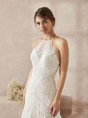 Elegant Halter White Long Wedding Dress With Lace Appliques