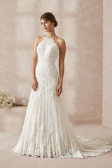 Elegant Halter White Long Wedding Dress With Lace Appliques
