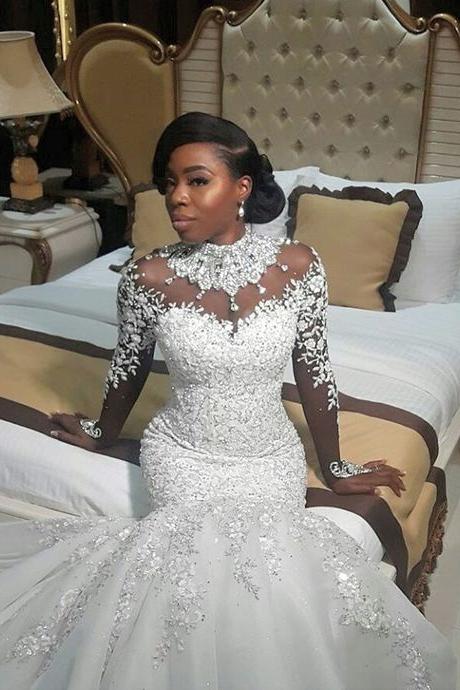 Elegant High Neck Lace Appliques Wedding Dresses | Long Sleeves Crystal Sexy Mermaid Bridal Gowns