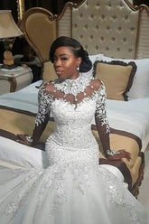 Elegant High Neck Lace Appliques Wedding Dresses | Long Sleeves Crystal Sexy Mermaid Bridal Gowns
