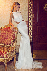 Elegant Jewel White Wedding Dresses Sequined Court Train Sleeveless Bridal Gowns