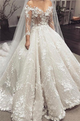 Elegant Lace Appliques Ball Gown Wedding Dresses | Sheer Tulle Long Sleeves Bridal Gowns