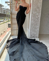 Elegant Long Black Strapless Split Front Prom Dresses