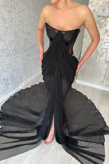 Elegant Long Black Strapless Split Front Prom Dresses