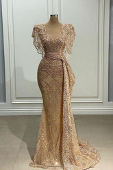 Elegant Long Gold Mermaid Lace Crew Neck Sleeveless Prom Dress