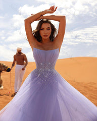 Elegant Long Lilac Sleeveless Rhinestones Tulle Prom Dresses