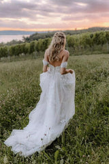 Elegant Long Off-the-Shoulder Tulle Floral Lace Wedding Dress