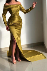 Elegant Long Off-the-shoulder Long Sleeves Evening Dresses with Ruffle