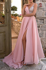 Elegant Long Pink V-Neck Glitter Sleeveless Prom Dresses With Split