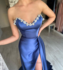 Elegant Long Royal Blue Sleeveless Prom Dresses With Split