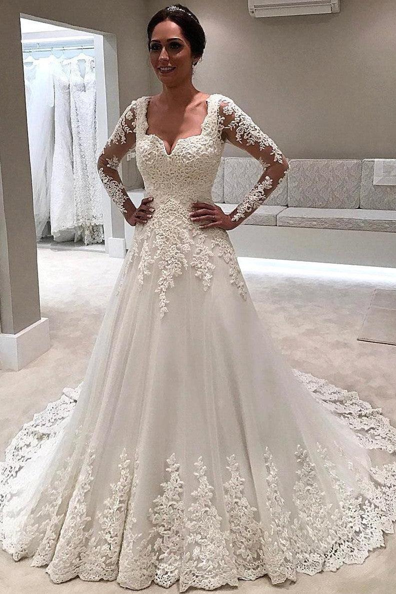 Elegant Long Sleeve Lace Wedding Dresses | Illusion Sexy Bride Dresses with Long Train