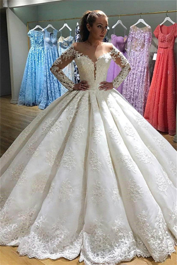 Elegant Long Sleeves Appliques Wedding Dresses | Puffy Sheer Bridal Ball Gown | Suzhoufashion Elegant Long Sleeves Appliques Wedding Dresses | Puffy Sheer Bridal Ball Gown | Suzhoufashion
