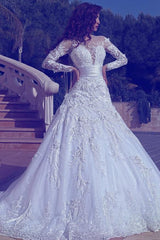 Elegant Long Sleeves Tulle Wedding Dresses | Sexy Sheer Appliques Wedding Dress Online