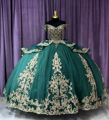 Elegant & Luxuru Ball Gown Off Shoulder Gold Lace Applique Beads Tiered Ruffle Emerald Green Tulle Quinceanera Dress Princess Gown For Sweet 16