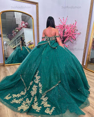 Elegant & Luxury Ball Gown Off Shoulder Gold Appliques Emerald Green Tulle Princess Birthday Party Dress Quinceanera Dress For Sweet 16