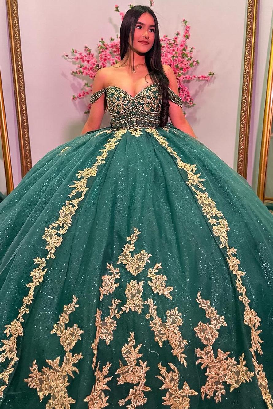 Elegant & Luxury Ball Gown Off Shoulder Gold Appliques Emerald Green Tulle Princess Birthday Party Dress Quinceanera Dress For Sweet 16 Elegant & Luxury Ball Gown Off Shoulder Gold Appliques Emerald Green Tulle Princess Birthday Party Dress Quinceanera Dress For Sweet 16