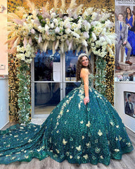 Elegant & Luxury Ball Sweetheart Gown 3D Gold Butterfly Lace Appliques Sequined Beaded Hunter Green Tulle Quinceanera Dress For Sweet 16