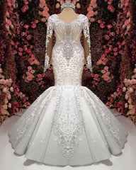 Elegant Mermaid Long Sleeves Wedding Dresses | Lace Appliques Crystal Sexy V-Neck Bridal Gowns