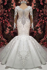 Elegant Mermaid Long Sleeves Wedding Dresses | Lace Appliques Crystal Sexy V-Neck Bridal Gowns