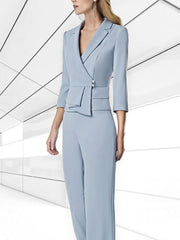 Elegant Mother of the Bride 2 Piece Chiffon Pantsuit with V Neck and 3/4 Sleeves