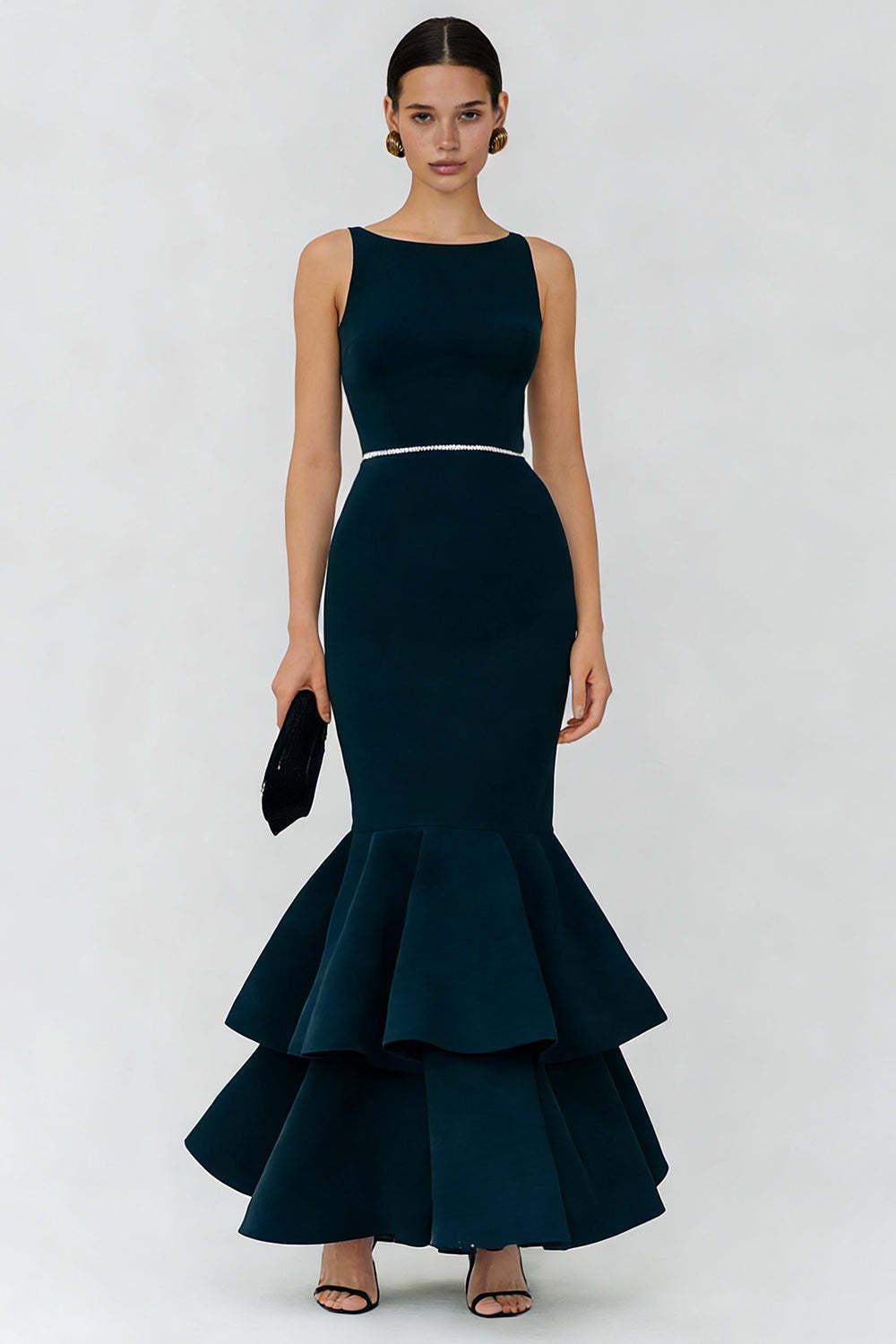 Suzhoufashion Elegant Navy Boat Neck Long Mermaid Prom Dress With Ruffles