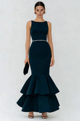 Suzhoufashion Elegant Navy Boat Neck Long Mermaid Prom Dress With Ruffles