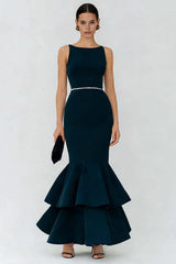 Suzhoufashion Elegant Navy Boat Neck Long Mermaid Prom Dress With Ruffles