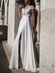 Elegant Off The Shoulder White Split Ruffles Beach Wedding Dresses WIth Lace Appliques