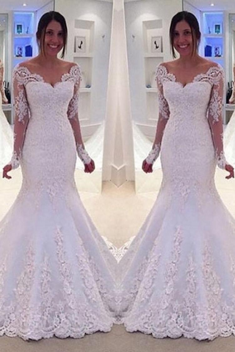 Elegant Off-the-Shoulder Long Sleeves Bridal Gowns Lace Mermaid Wedding Dresses BA3742